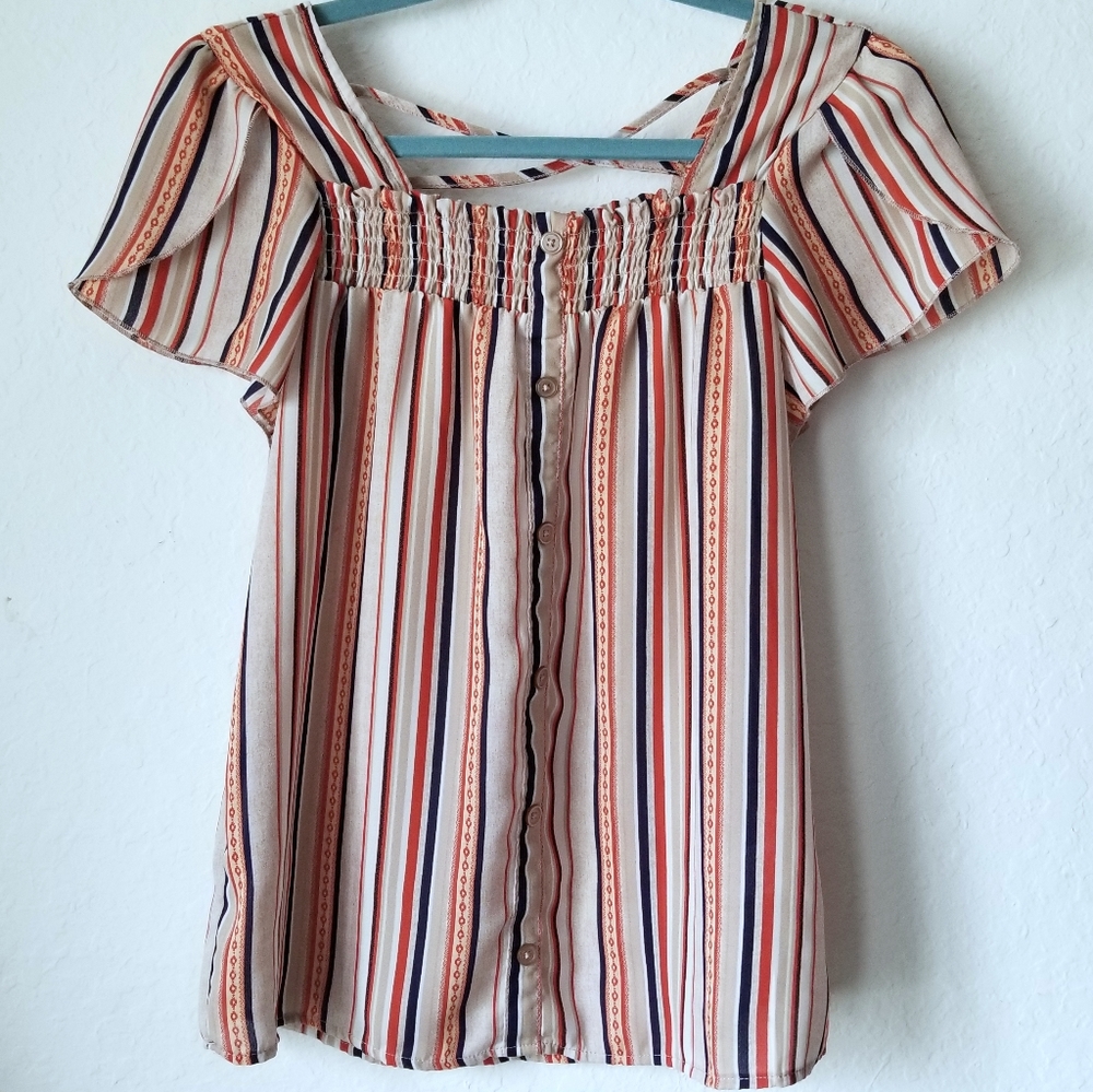 No Boundaries Flowy Top Red Blue White Cream Striped Size Large